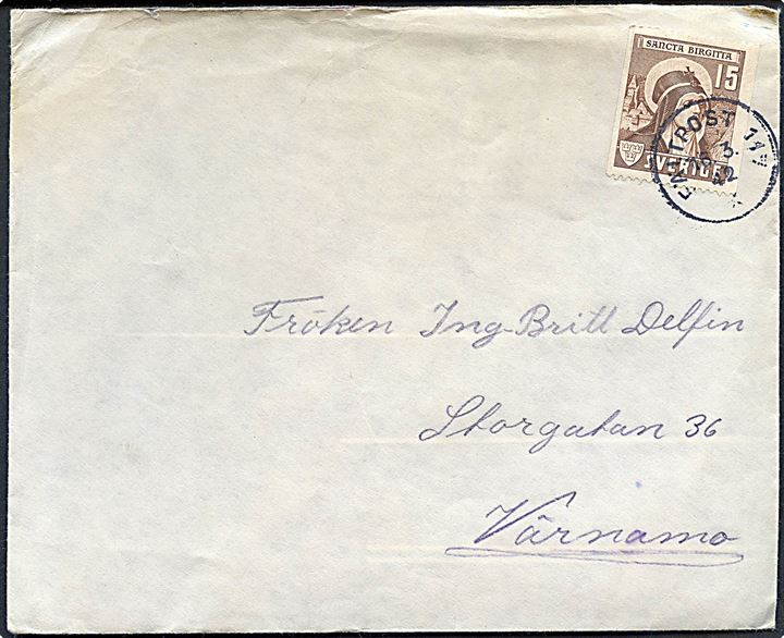15 öre Birgitta på brev annulleret Fältpost 117 d. 16.3.1942 til Värnamo. Fra soldat ved fältpost 31821B Litt F med fuldt indhold.