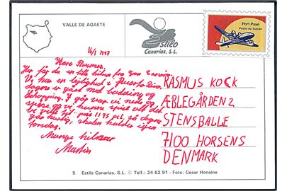 Turistporto mærke på brevkort fra Gran Canaria dateret d. 16.1.1997 til Horsens, Danmark.