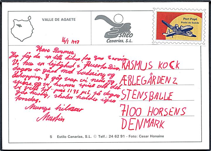 Turistporto mærke på brevkort fra Gran Canaria dateret d. 16.1.1997 til Horsens, Danmark.
