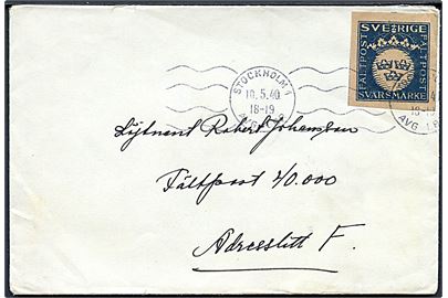Fältport svarmærke på brev fra Stockholm d. 10.5.1940 til officer ved Fältpost 40.000 Adresslitt F.
