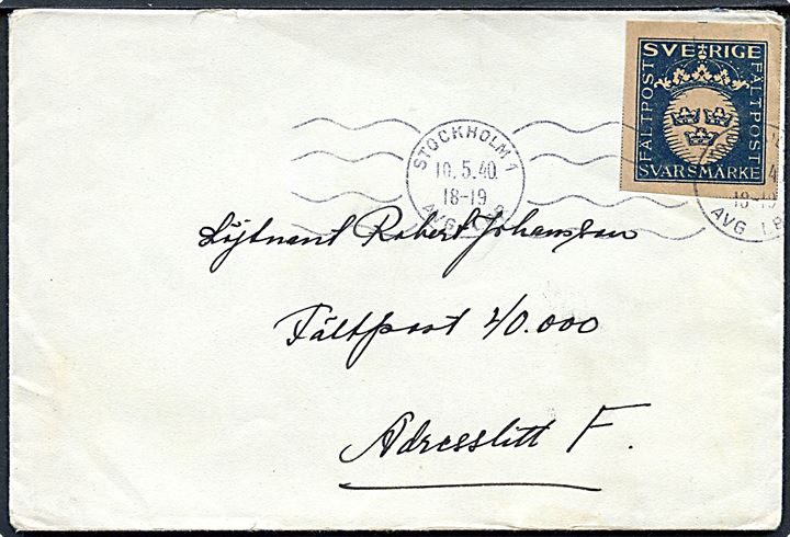 Fältport svarmærke på brev fra Stockholm d. 10.5.1940 til officer ved Fältpost 40.000 Adresslitt F.