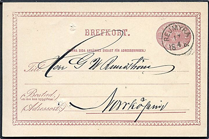 6 öre helsagsbrevkort stemplet Rejmyra d. 17.4.1882 til Norrköping. Nålehuller.