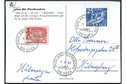 5 öre og 25 öre på brevkort annulleret med skibsstempel England - Göteborg M/S Svea d. 1.2.1967 til Hälsingborg.