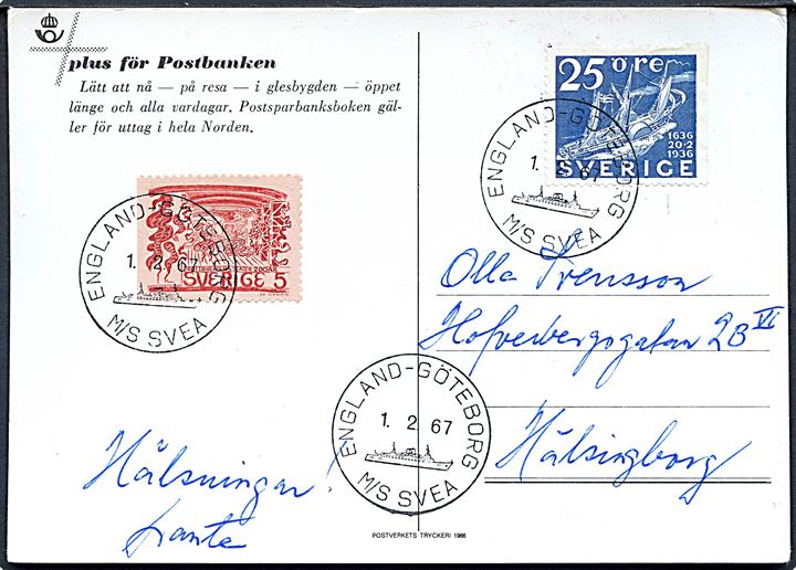 5 öre og 25 öre på brevkort annulleret med skibsstempel England - Göteborg M/S Svea d. 1.2.1967 til Hälsingborg.