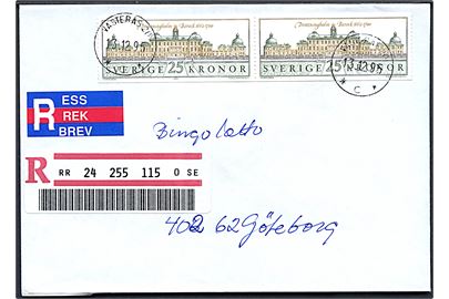 25 kr. Drottningholm i parstykke på anbefalet brev fra Västerås d. 13.12.1995 til Göteborg.