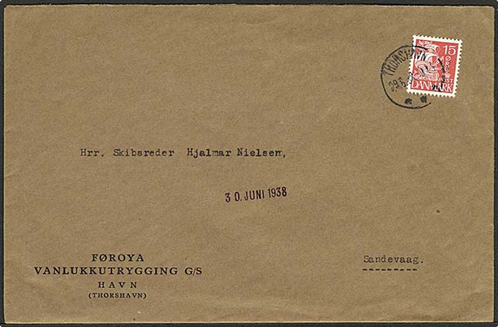 15 øre Karavel på stort brev fra Thorshavn d. 29.6.1938 til Sandevaag.