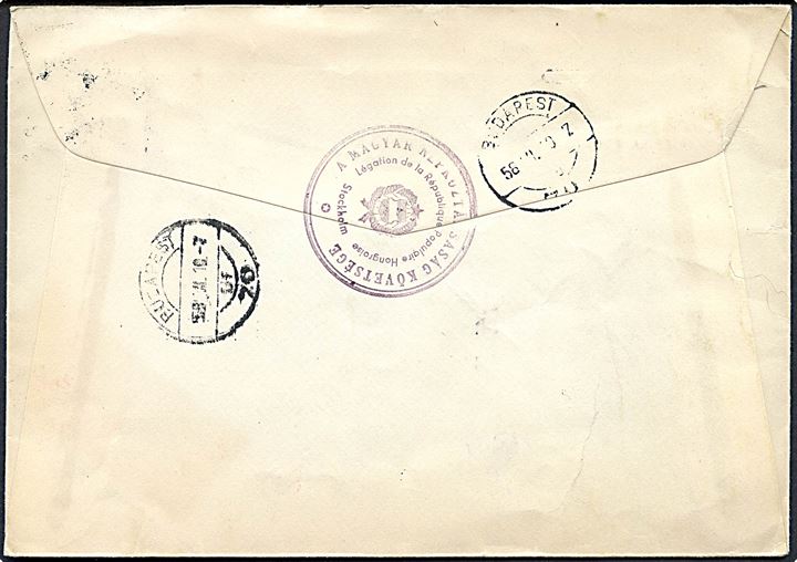 90 öre Heleristninger single på fortrykt kuvert fra den ungarske ambassade i Stockholm d. 7.6.1958 til Budapest, Ungarn.