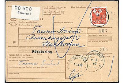 2,85 kr. Tre Kroner single på adressekort fra Borlänge d. 10.3.1966 til Huskvarna-