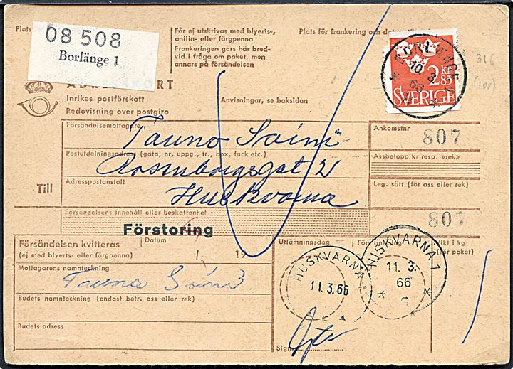 2,85 kr. Tre Kroner single på adressekort fra Borlänge d. 10.3.1966 til Huskvarna-