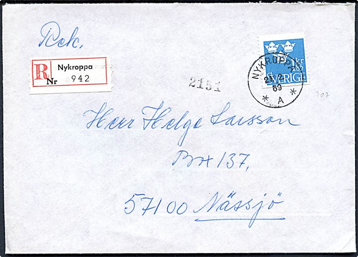 1,85 kr. Tre Kroner single på anbefalet brev fra Nykroppa d. 21.2.1969 til Nässjö.