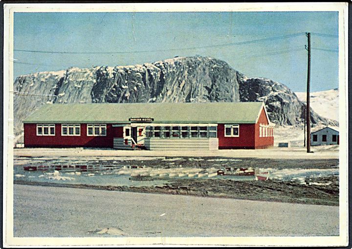 10 øre Fr. IX i parstykke på brevkort (Hotel i Sdr. Strømfjord) fra Sdr. Strømfjord d. 3.10.1957 til Göteborg, Sverige. 