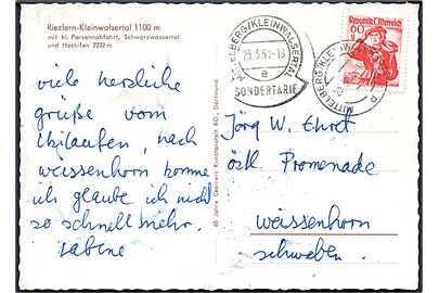 60 g. på brevkort fra Riezlern, Kleinwalsertal annulleret Mittelberg / Kleinwalsertal og sidestemplet med særligt stempel Mittelberg/Kleinwalsertal / Sondertarif d. 23.3.1959 til Tyskland. Østrigsk eksklave i alperne.