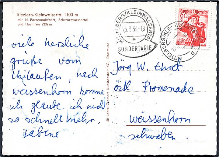 60 g. på brevkort fra Riezlern, Kleinwalsertal annulleret Mittelberg / Kleinwalsertal og sidestemplet med særligt stempel Mittelberg/Kleinwalsertal / Sondertarif d. 23.3.1959 til Tyskland. Østrigsk eksklave i alperne.