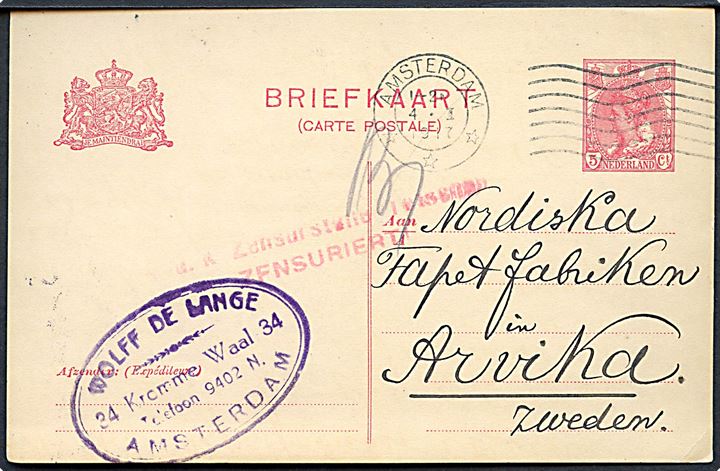 5 c. Vilhelmine helsagsbrevkort fra Amsterdam d. 4.1.1917 til Arvika, Sverige. Fejl dirigeret og passér stemplet af den østrigske censur i Tetschen. Usædvanlig censur på post mellem Holland og Sverige.