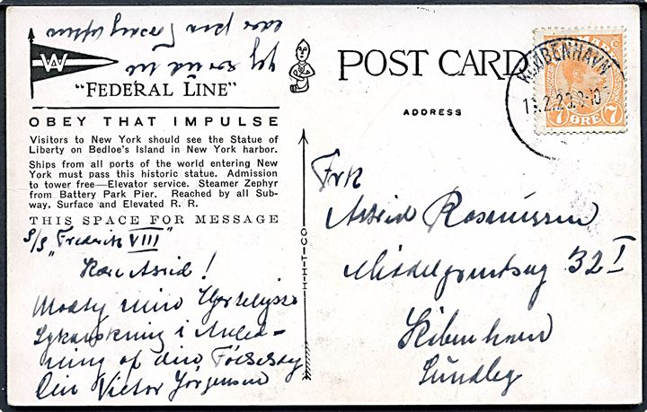7 øre Chr. X på amerikansk brevkort (New York havn med skibe) skrevet ombord på S/S Frederik VIII sendt lokalt i Kjøbenhavn d. 1?.2.1920.