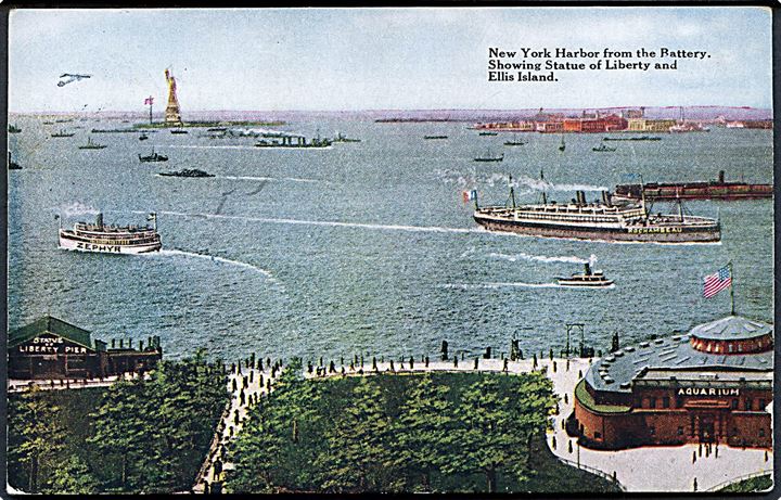 7 øre Chr. X på amerikansk brevkort (New York havn med skibe) skrevet ombord på S/S Frederik VIII sendt lokalt i Kjøbenhavn d. 1?.2.1920.