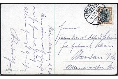 25 øre Chr. X på brevkort fra København annulleret med bureaustempel Kjøbenhavn - Gjedser T.73 d. 1.5.1921 til Tyskland.