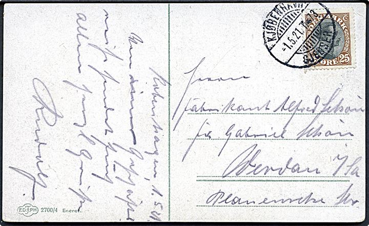 25 øre Chr. X på brevkort fra København annulleret med bureaustempel Kjøbenhavn - Gjedser T.73 d. 1.5.1921 til Tyskland.