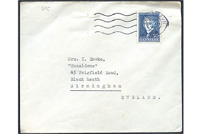 50 øre Ørsted single på brev fra København d. 10.4.1951 til Birmingham, England.