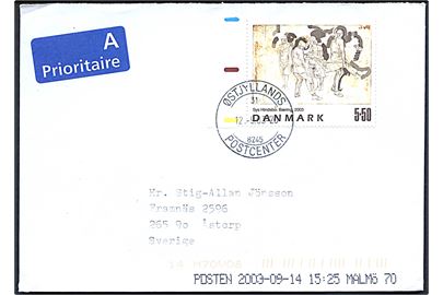 5,50 kr. Sys Hindsbo kunst udg. single på A-brev fra Tranbjerg stemplet Østjyllands Postcenter 8245 d. 12.9.2003 til Åstorp, Sverige.