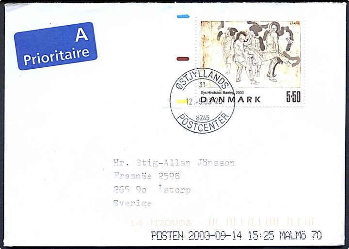 5,50 kr. Sys Hindsbo kunst udg. single på A-brev fra Tranbjerg stemplet Østjyllands Postcenter 8245 d. 12.9.2003 til Åstorp, Sverige.