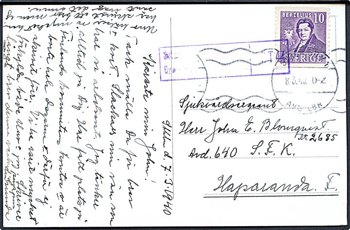 10 öre Berzelius på brevkort fra Stockholm d. 8.3.1940 til sanitetssergent ved avd. 640 (= 2. depåkompaniet) i S.F.K. (= Svenska Frivilligkåren i Finland), Haparanda F. Finsk censur.