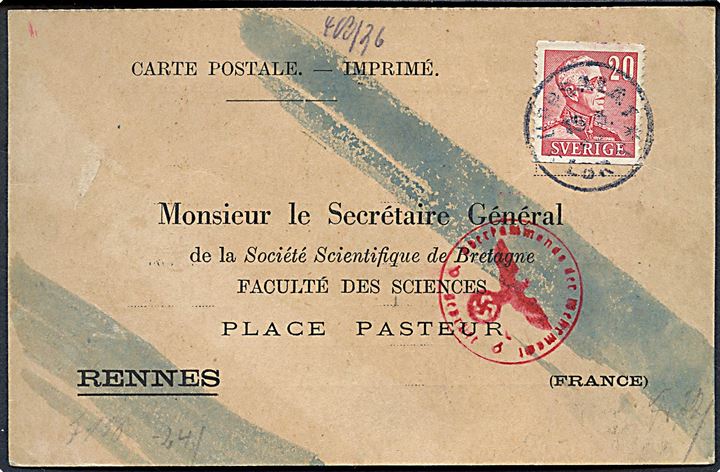 20 öre Gustaf på brevkort fra Uppsala d. 15.5.1944 til Rennes, Frankrig. Tysk censur fra Berlin med tydelige spor efter kemisk censur.