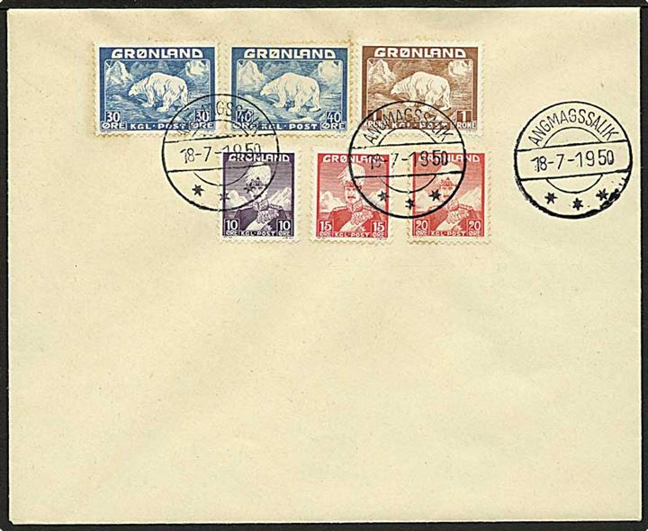 10 øre, 15 øre og 20 øre Chr. X, samt 30 øre, 40 øre og 1 kr. Isbjørn på uadresseret kuvert stemplet Angmagssalik d. 18.7.1950.