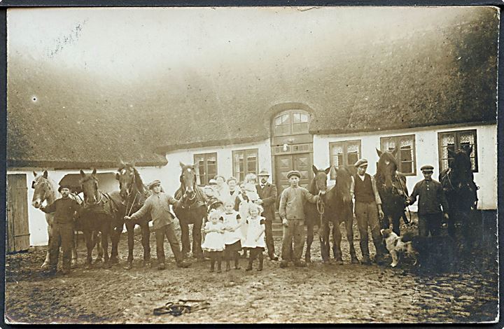 Familie og heste foran gården. Sted ukendt. Anvendt i Høng. Fotokort u/no. 