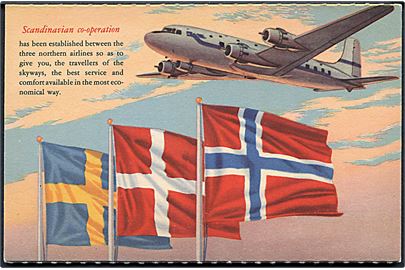 SAS reklamekort med dansk, svensk og norsk flag, samt DC-4 maskine. U/no. 