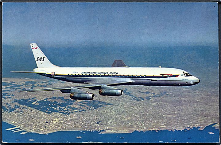 Douglas DC-8 OY-KTA Dan Viking fra SAS. Reklamekort 983055.