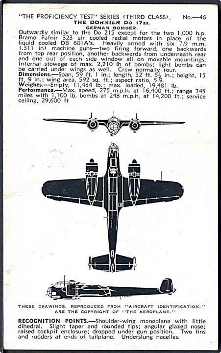 Dornier Do 17 fra Luftwaffe. Valentine's Fjernkendingskort no. 46.