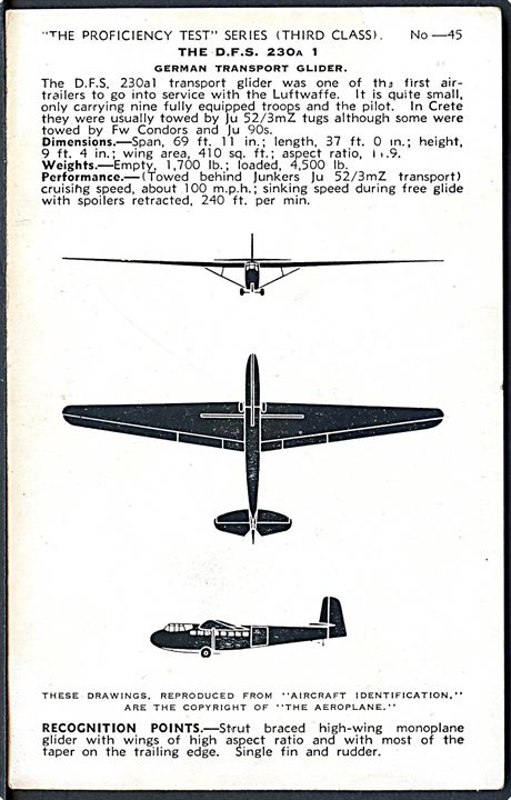 D.F.S. 230 transport slæbeplan fra Luftwaffe. Valentine's Fjernkendingskort no. 45.