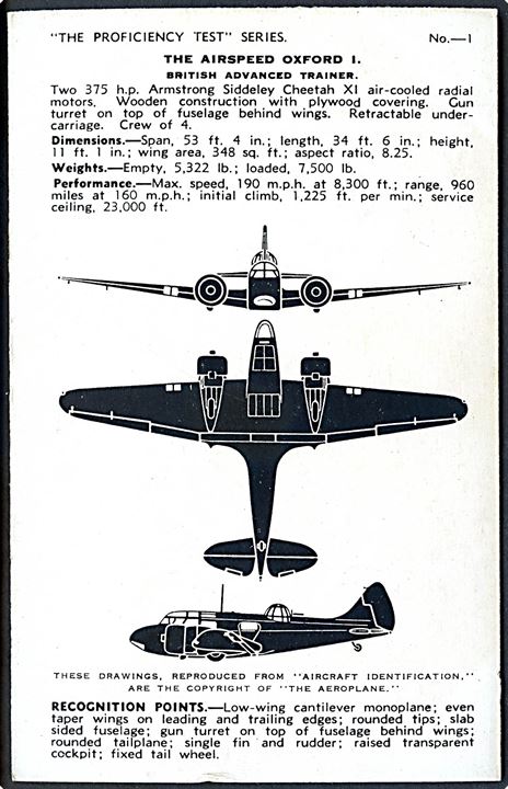 Airspeed Oxford maskine fra Royal Air Force. Valentine's Fjernkendingskort no. 1.