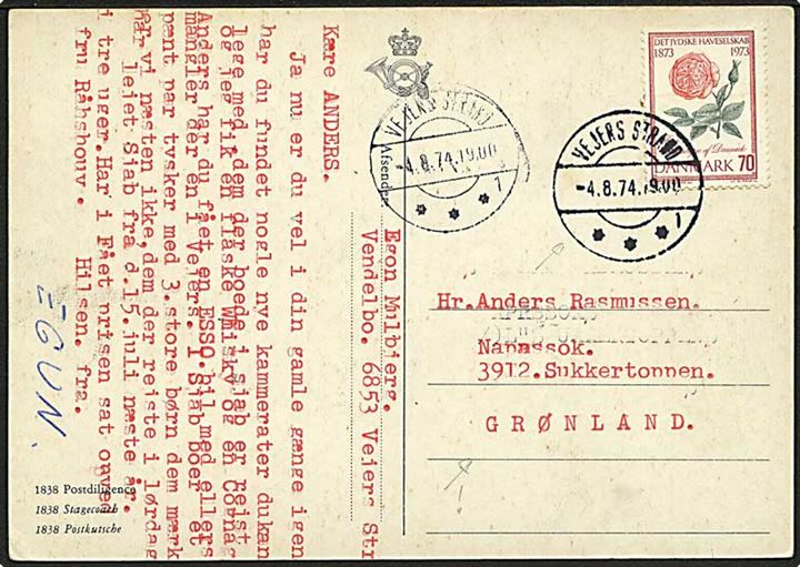 70 øre Jyske Haveselskab på brevkort annulleret med brotype IId stempel Vejers Strand sn1 d. 4.8.1974 til Sukkertoppen, Grønland.