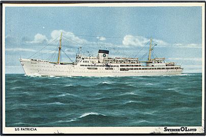 Patricia, S/S, Swedish Lloyd. Anvendt ombord med skibsstempel London - Göteborg / S/S Patricia / Postad ombord d. 30.7.1955.