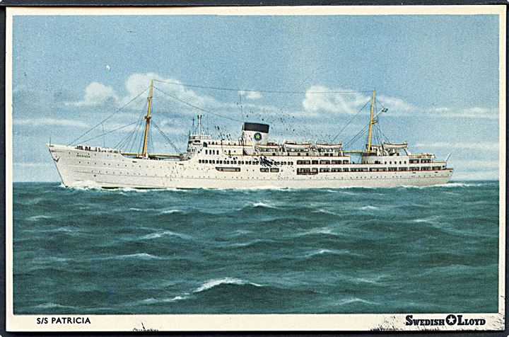 Patricia, S/S, Swedish Lloyd. Anvendt ombord med skibsstempel London - Göteborg / S/S Patricia / Postad ombord d. 30.7.1955.