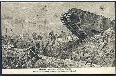 Britisk Mark I tank angriber de tyske skyttegrave ved Beaumont-Hamel i nov. 1916. Delta Fine Art u/no.