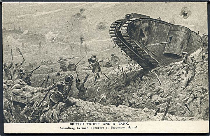 Britisk Mark I tank angriber de tyske skyttegrave ved Beaumont-Hamel i nov. 1916. Delta Fine Art u/no.