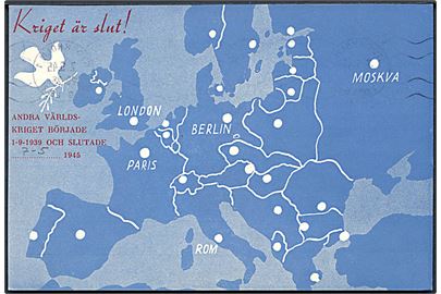 Kriget är slut! - svensk mindepostkort stemplet Stockholm d. 7.5.1945.