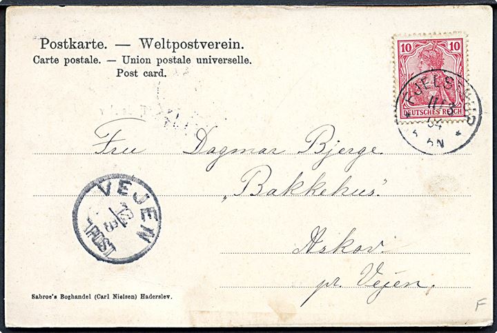 Haderslev, Kristuskirken. Frankeret med 10 pfg. Germania og annulleret Fjelstrup d. 11.3.1904 til Vejen, Danmark.