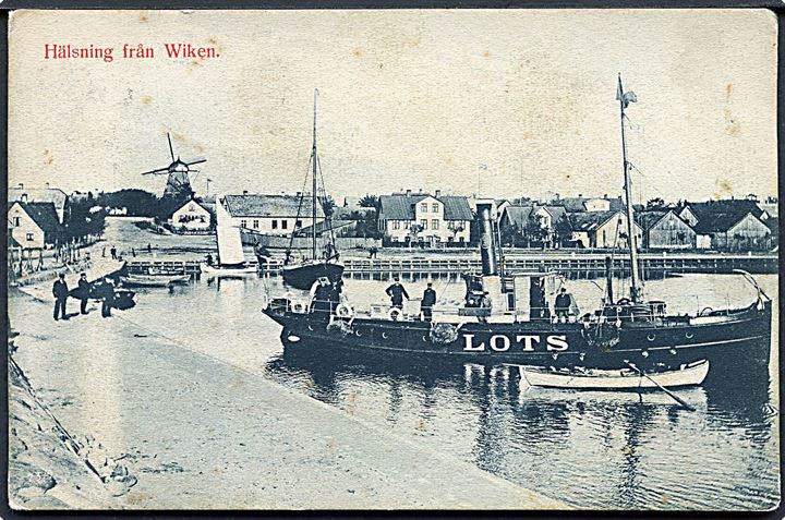 Sverige. Hälsning från Wiken med Lots båden. Mølle ses i baggrunden. G. M. no. 3274. (Knæk). 