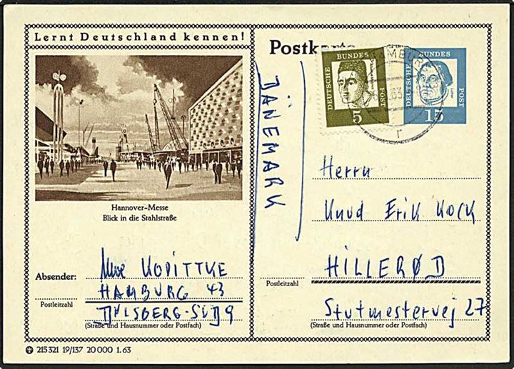 15 pfg. illustreret helsagsbrevkort (Hannover-Messe) opfrankeret med 5 pfg. fra Hamburg d. 6.8.1963 til Hillerød, Danmark.