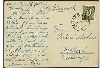 30 pfg. Ciffer single på brevkort fra Hamburg-Blankensee d. 14.4.1948 til Hillerød, Danmark.