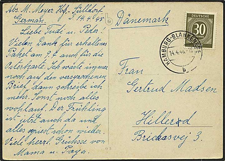 30 pfg. Ciffer single på brevkort fra Hamburg-Blankensee d. 14.4.1948 til Hillerød, Danmark.