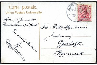 10 pfg. Germania på brevkort (Aden, Main Street) dateret ombord på Reichpostdampfer Yorck i Aden d. 21.1.1911 og annulleret med skibsstempel Deutsche Seepost Ost-Asiatische Linie d. 22.1.1911 til Gentofte, Danmark.