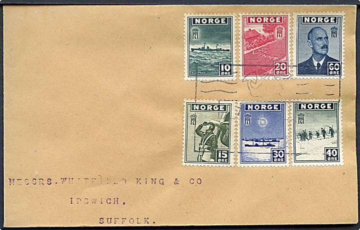 London udg. på filatelistisk kuvert annulleret med skibsstempel Norsk Skipspost Handelsflåten i 1943 til Ipswich. På bagsiden ank.stemplet d. 1.3.1943