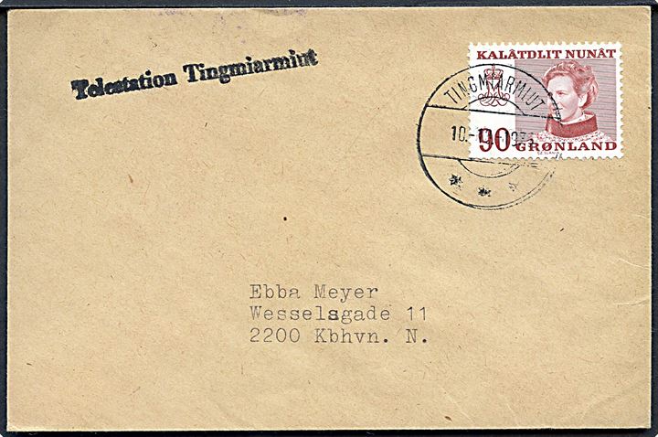 90 øre Margrethe på brev annulleret Tingmiarmiut d. 10.12.1975 til København. Sidestemplet Telestation Tingmiarmiut. Vejrstation på Grønlands østkyst lukket i 1996.