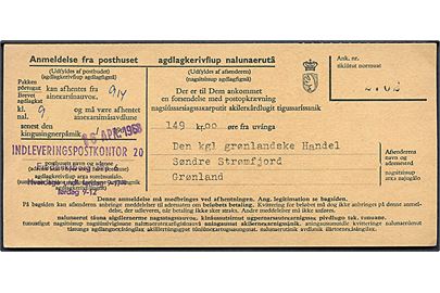 2-sproget anmeldelsesdel af postopkrævningsformular for forsendelse fra Søndre Strømfjord stemplet Indleveringspostkontor 20 i København d. 16.4.1968.