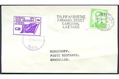 1d Europa Mail Delivery strejkepost udg. stemplet Europa Mail d. 7.3.1971 og belgisk 3,50 f. stemplet Bruxelles d. 8.3.1971 til poste restante i Bruxelles, Belgien.
